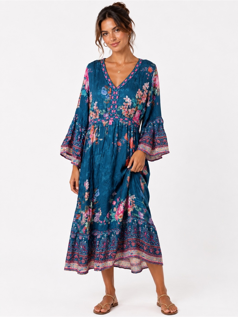 Tolani Teal Floral Boho Maxi Dress M Bell Sleeve Festival Resort Cottagecore